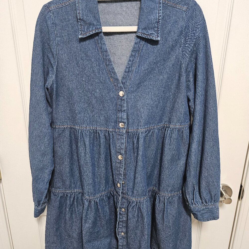 Zara S Blue Pleated Collared Long Sleeve Dress